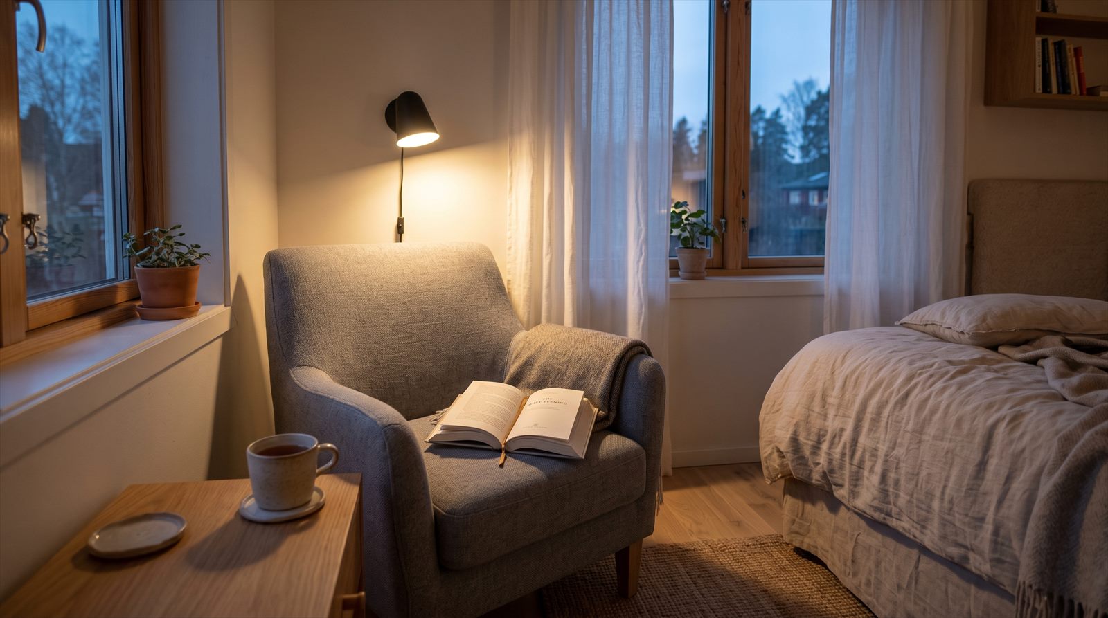 Lämmin seinälukuvalo valaisee avoimen kirjan nojatuolissa makuuhuoneen lukunurkassa iltahämärässä.